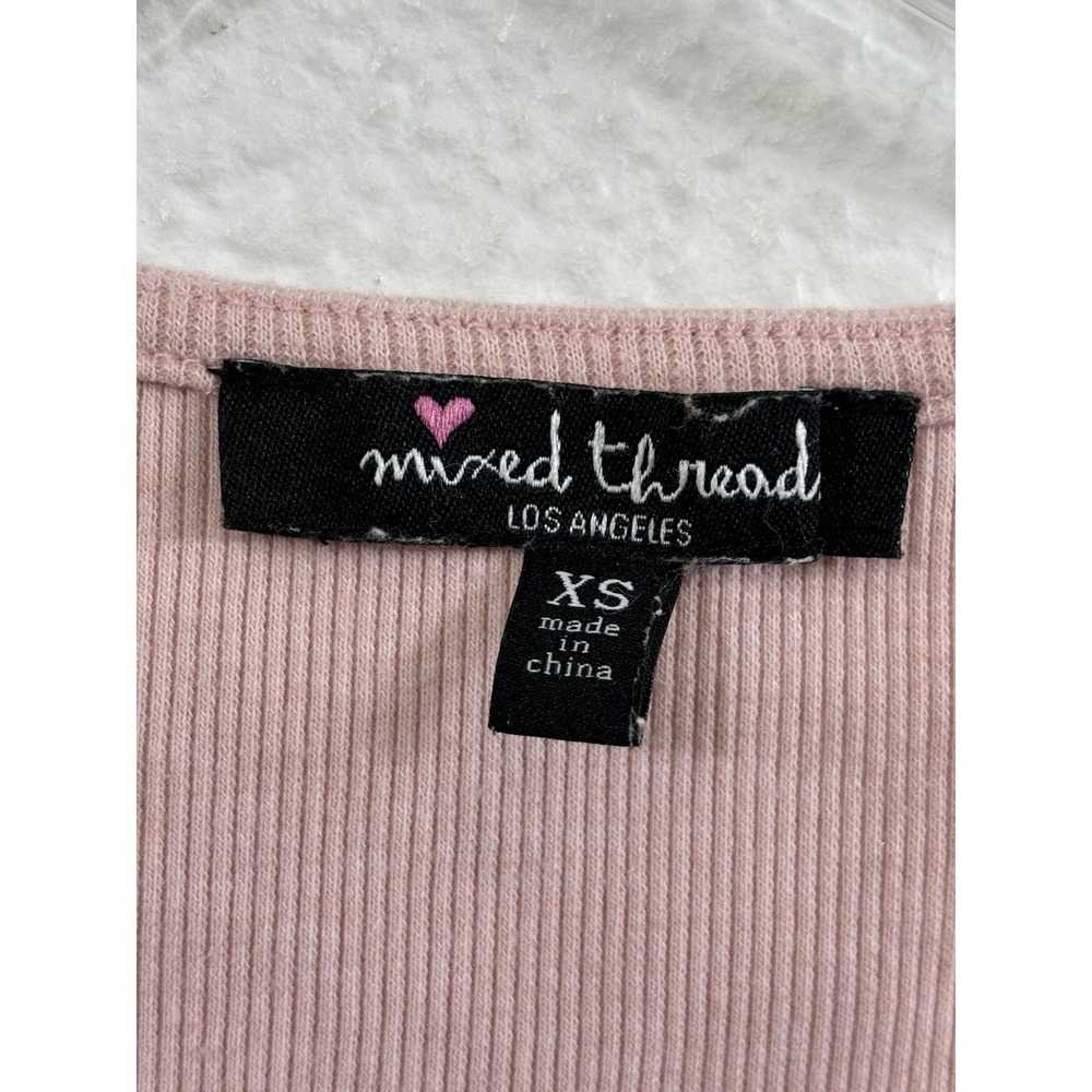 Mixed Thread Shirt Womens‎ XS Pink Ribbed Square Neck Ruched Y2K - Picture 6 of 8